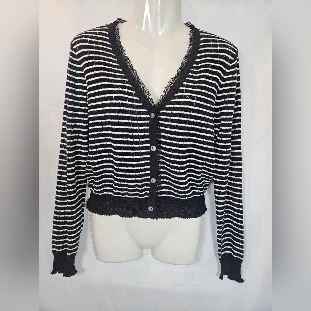 J.Crew Black White Stripe Lace Trim Cropped Cardigan Sweater Size M